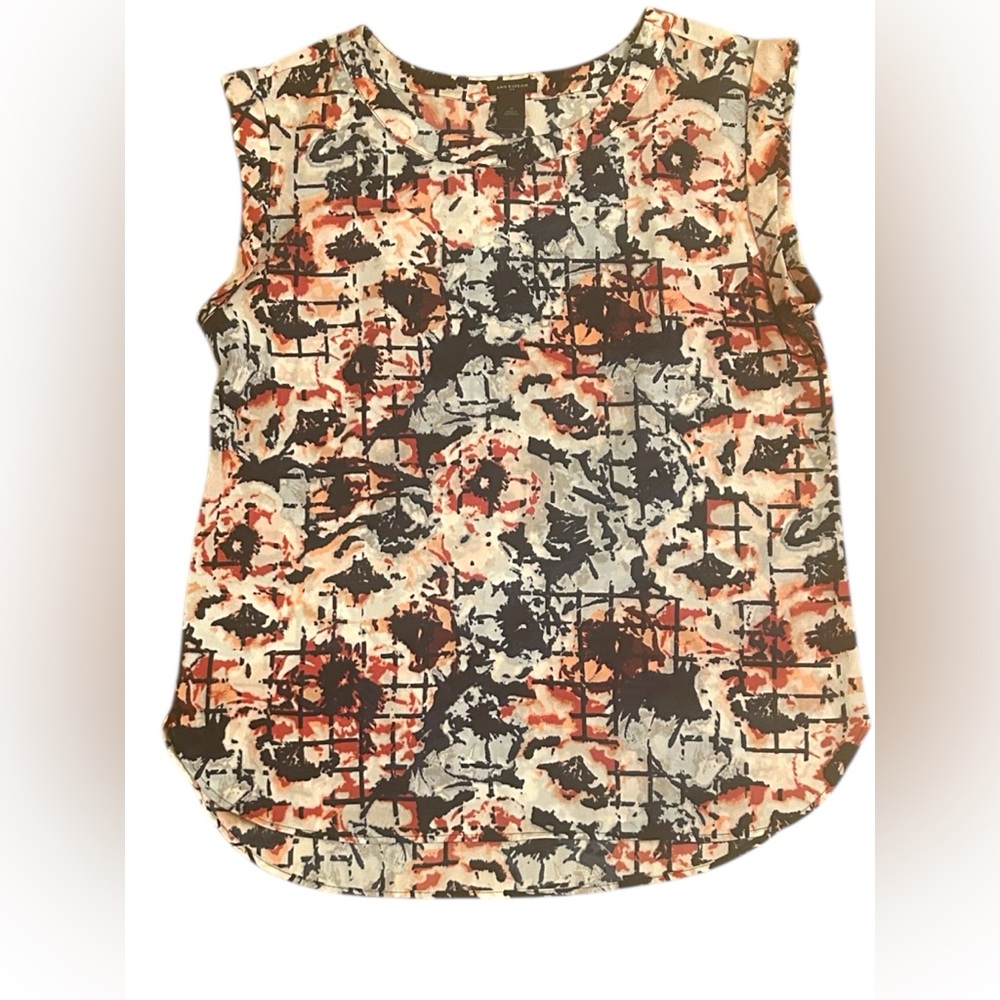 Ann Taylor Sleeveless Floral Geometric Red Black White Blue Top Women Medium